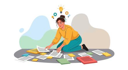 Naklejka premium Woman searching for solutions among scattered papers and ideas