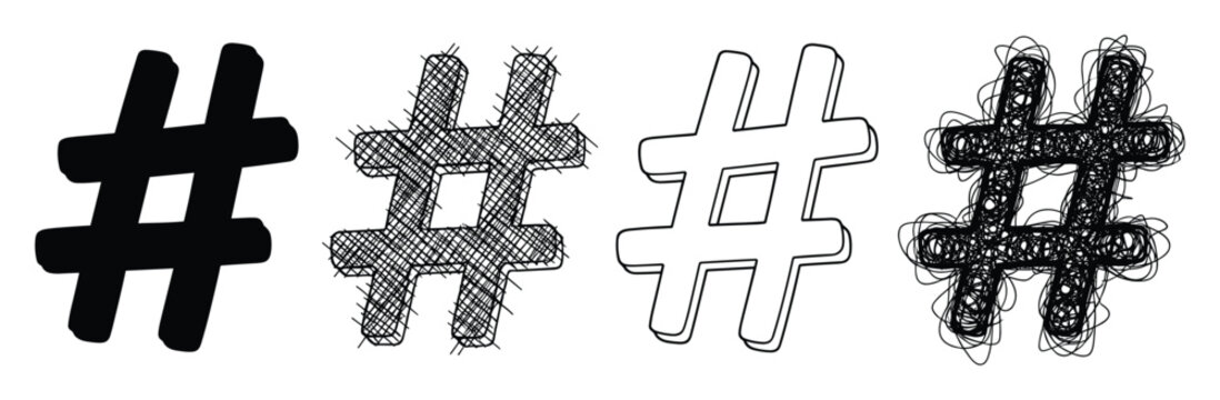 Hand drawn hashtag symbols in varied styles for social media and digital content
