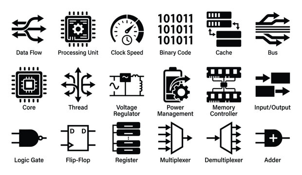 Essential computer hardware and digital logic icons for tech diagrams and education.