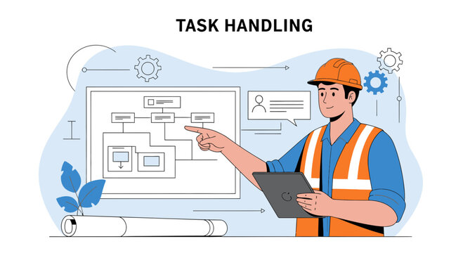 Worker pointing at flowchart, digital tablet, construction, planning, business process