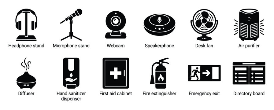 Black glyph icons of common office, safety, and personal items for user interface design