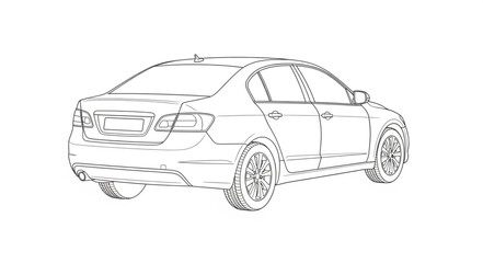 Obraz premium Outline drawing of a modern sedan car from the rear.