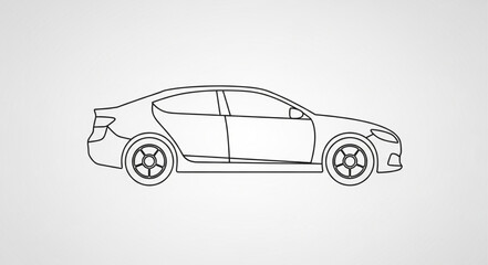 Fototapeta premium Outline drawing of a modern sedan car on a light grey background.