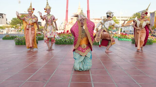 Traditional Thai Khon Dancers Perform Manohra Classical Dance in Bangkok