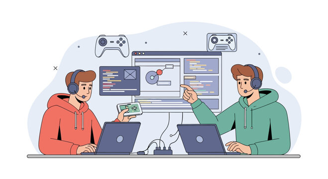 Young programmers developing video games on laptops, teamwork, coding, technology