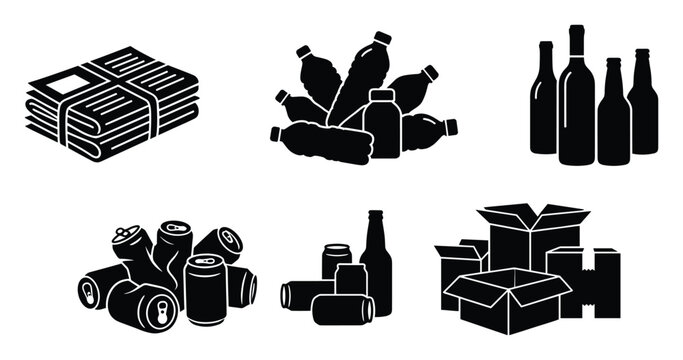 Groups of different recyclable materials for waste management and environmental campaigns