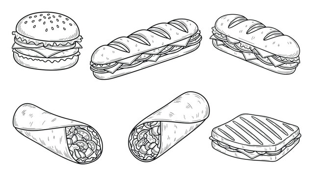 Appetizing line art sketches of hamburger, subs, wraps, and panini for restaurant menus.