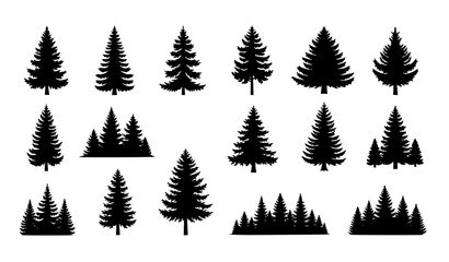 Obraz premium Forest Pine Tree Silhouette Set Isolated on White Background