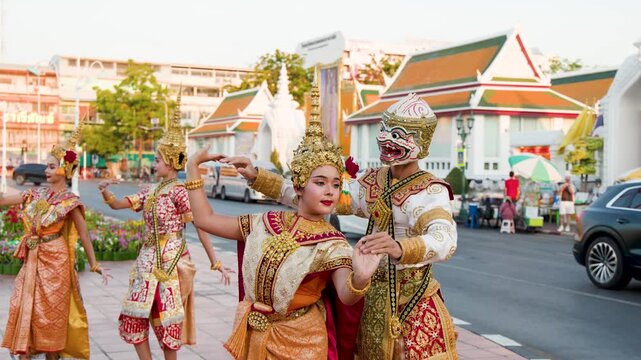 Traditional Thai Khon Masked Dance Performance at Wat Suthat Temple Bangkok