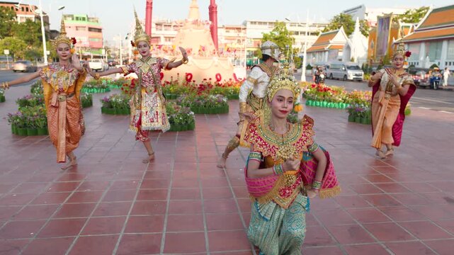 Traditional Thai Khon Dancers Perform Manohra Dance at Wat Suthat Bangkok