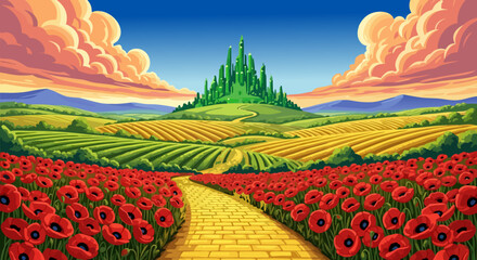 Fototapeta premium The Emerald City of Oz, a fantasy landscape with a yellow brick road through fields of poppies