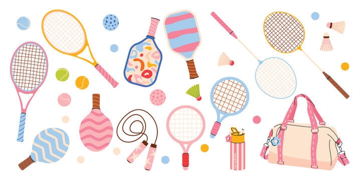 Summer sports vector set in hand drawn style with tennis, badminton, pickleball, jump rope and sporty accessories. Cute colorful collection in flat style perfect for stickers, prints, kids design 