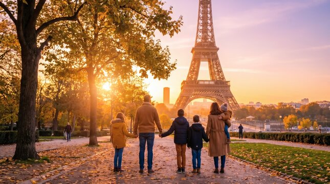 A family of five strolls hand in hand toward the Eiffel Tower at golden hour, surrounded by autumn leaves and warm sunset light, capturing togetherness, travel, and joyful moments in Paris.