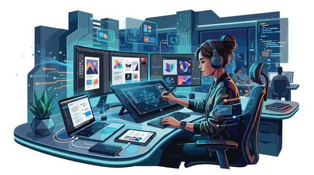 A focused female graphic designer working on multiple digital monitors.