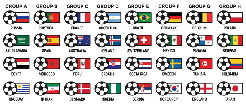 World cup football tournament groups vector flag teams soccer ball countries set design illustration
