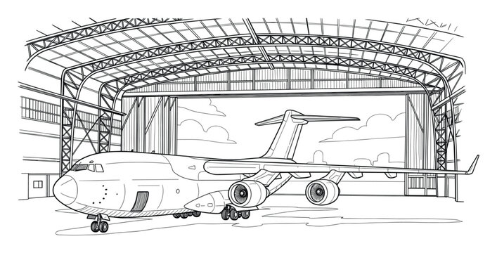 Line drawing of a large cargo transport plane parked inside an airplane hangar ready for coloring activities