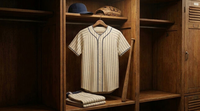 Vintage Baseball Pinstripe Jersey Mockup in Wooden Locker