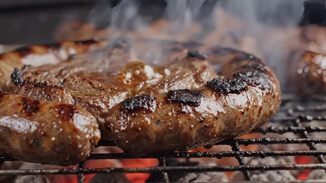 Delicious Sausage Cooking on a Hot Barbecue Grill with Flames.