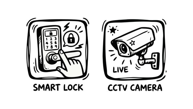 Two distinct square panels featuring hand drawn icons The left panel shows a digital keypad entry for a smart lock with a hand pressing a button and a notification bubble indicating security The