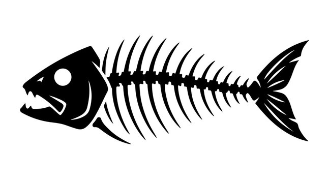 Vector silhouette of fish skeleton with sharp head and rib bones, minimalist design symbolizing marine life and artistic decay