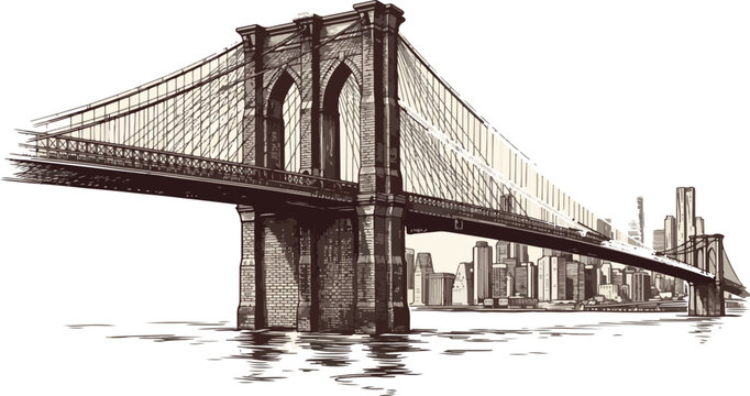  Brooklyn Bridge New York ink sketch vector illustration.