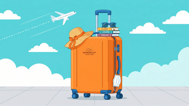 Orange travel suitcase with summer accessories and airplane in the sky vector illustration. Flat design travel baggage with wanderlust logo on blue background with clouds. Summer holiday travel 