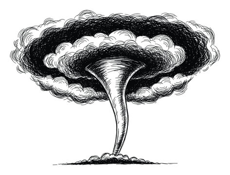 Sketchy black and white drawing of a powerful mushroom cloud explosion or tornado for disaster warnings