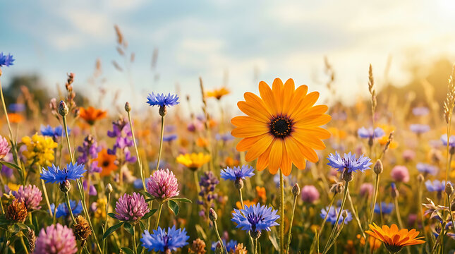 Vibrant field of wildflowers including orange daisies and blue cornflowers blooming under a bright summer sun