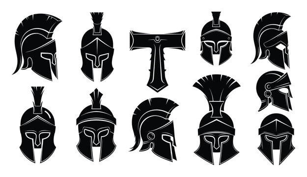 Diverse set of ancient warrior helmets and a legendary hammer symbol suitable for gaming branding and heroic concepts