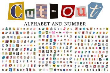 Fototapeta na wymiar Mega set of cut out magazine alphabet collage font with colorful letters, letters and numbers in retro Y2K style, paper scrapbook typography set. Cartoon blackmail ransom kidnapper anonymous Font.