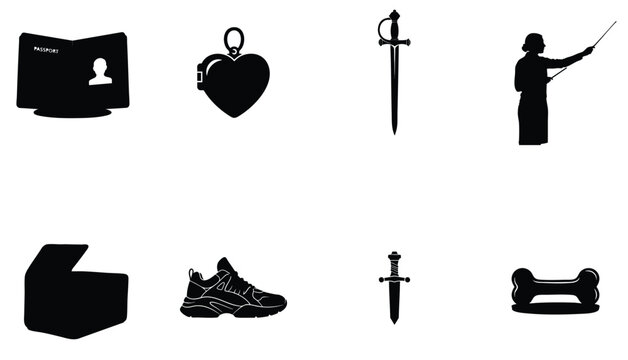 Black silhouette icons set of business and sport objects in minimalist style with dark shadows on white background for web design