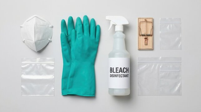 An organized flat lay of protective gear and cleaning supplies for Hantavirus prevention.