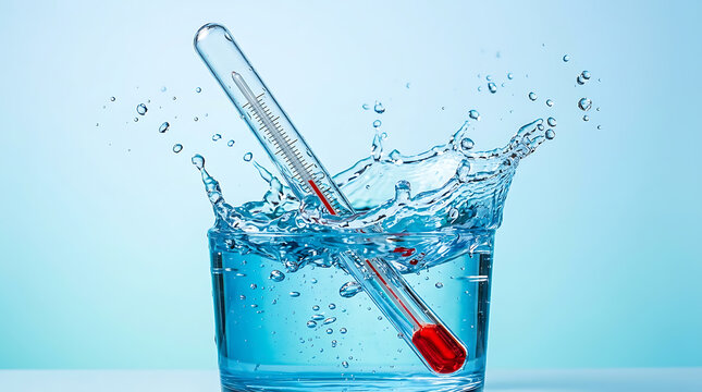 Glass of water with a thermometer falling and creating a splash on a blue background representing temperature measurement or fever relief