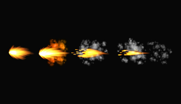 Gun flashes or gunshot animation. Collection of fire explosion effect during the shot with the gun. Cartoon flash effect of bullet starts. Shotgun fire, muzzle flash and explode