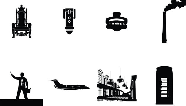 Black silhouettes of industrial and travel objects in minimalist style with dark shadows and bold lines on white background for business and transportation themes