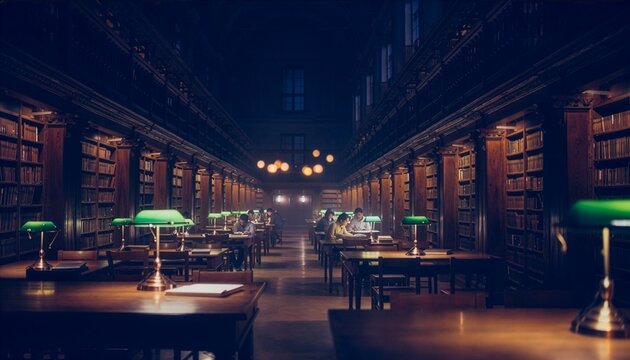 Late night study session in Indian university library, cinematic dark blue mood, cozy workspace with warm desk lamp light, focused education concept.