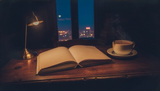 First person POV of Indian student desk in library at night, midnight blue atmosphere, vintage lamp, chai cup and textbook, lo-fi aesthetic.