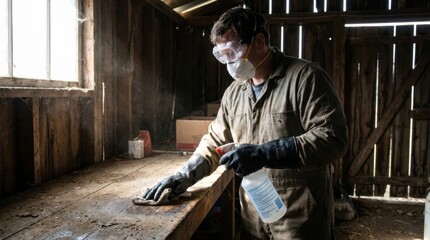 Fototapeta premium A person wearing safety gear cleaning a dusty rural shed to prevent Hantavirus exposure.