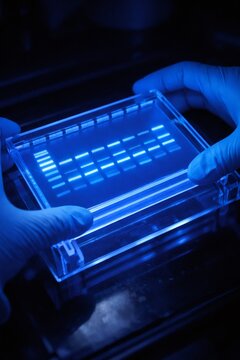 Scientist wearing blue gloves inspecting glowing DNA bands on an electrophoresis gel, representing molecular separation and genetic analysis in a laboratory setting