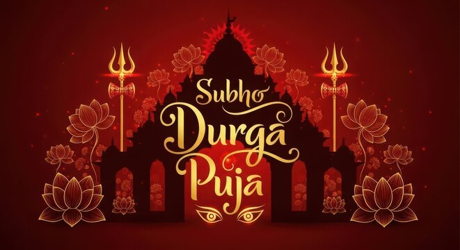 Subho durga puja festive background with lotus flowers and traditional trident symbols for hindu cultural celebration.