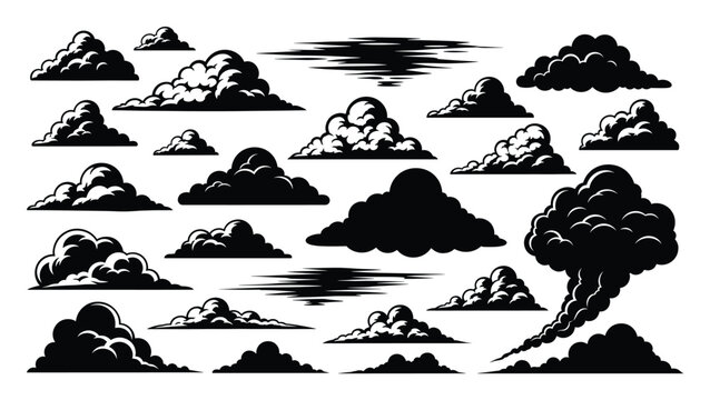 Diverse collection of cumulonimbus and cirrus cloud shapes suitable for weather graphics and atmospheric designs