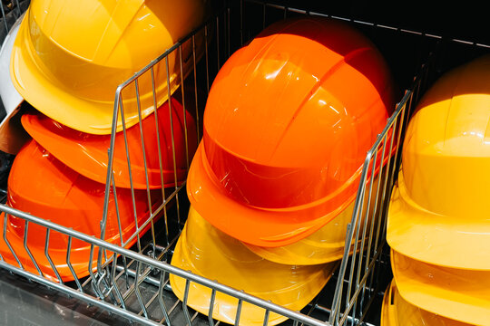 Stack of hard hats in a rack