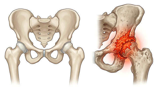 Anatomical diagram comparing a healthy human pelvis with a hip joint affected by severe arthritis and inflammation.