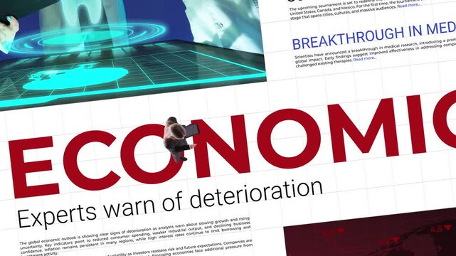 Businesswoman walking across and scrolling news headlines on modern page animation. Concept of financial crisis, social media updates, online headlines and digital information flow.