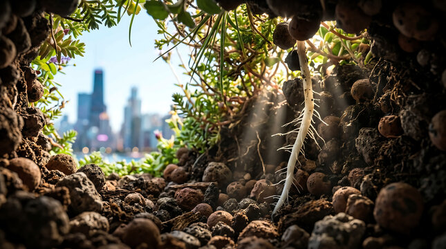 Buried in the engineered soil of a green roof looking up as a plant root pushes through