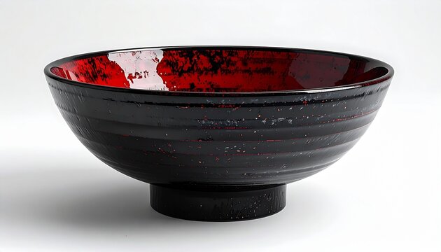 Japanese lacquerware bowl with red and black glaze on white background