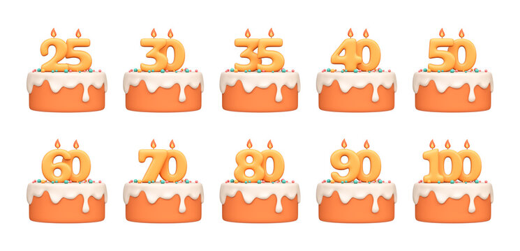 3D Birthday Cakes with Milestone Numbers 25 to 100. Set of celebration cake icons for anniversaries, milestone birthdays and festive design.