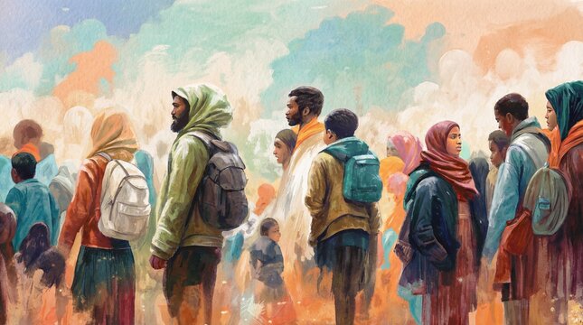 Refugee fleeing homeland in fear of harsh persecution concept. Diverse group of people standing together in unity and hope.