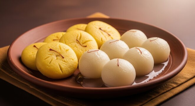 Traditional indian sweets rasgulla and sandesh arranged on clay plate for celebration of special festive event.