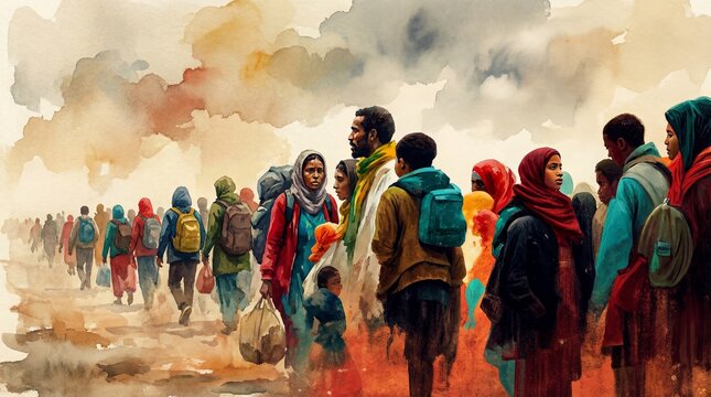 Refugee fleeing homeland in fear of harsh persecution concept. Diverse group of people walking in a hopeful yet challenging journey.